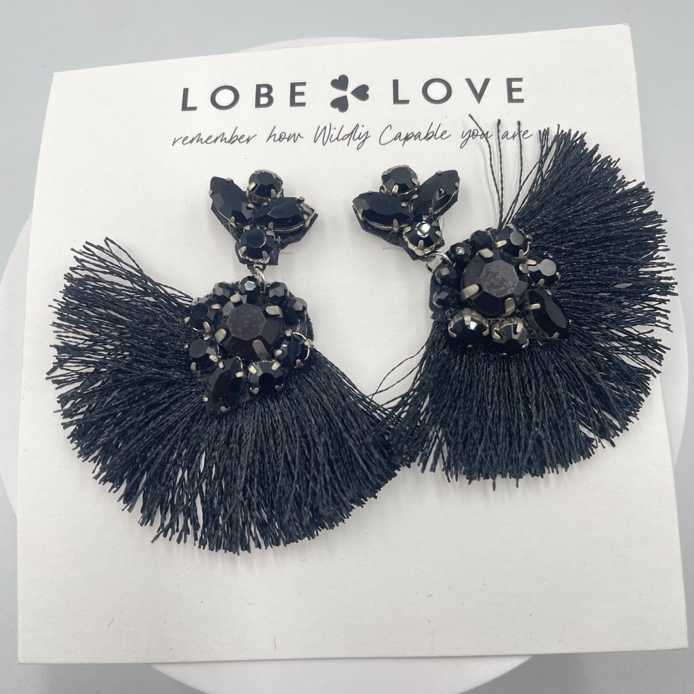 VTG Y2K Black Tassel Drop Earrings Statement Rhinestone Crystal Dangle Lobe Love